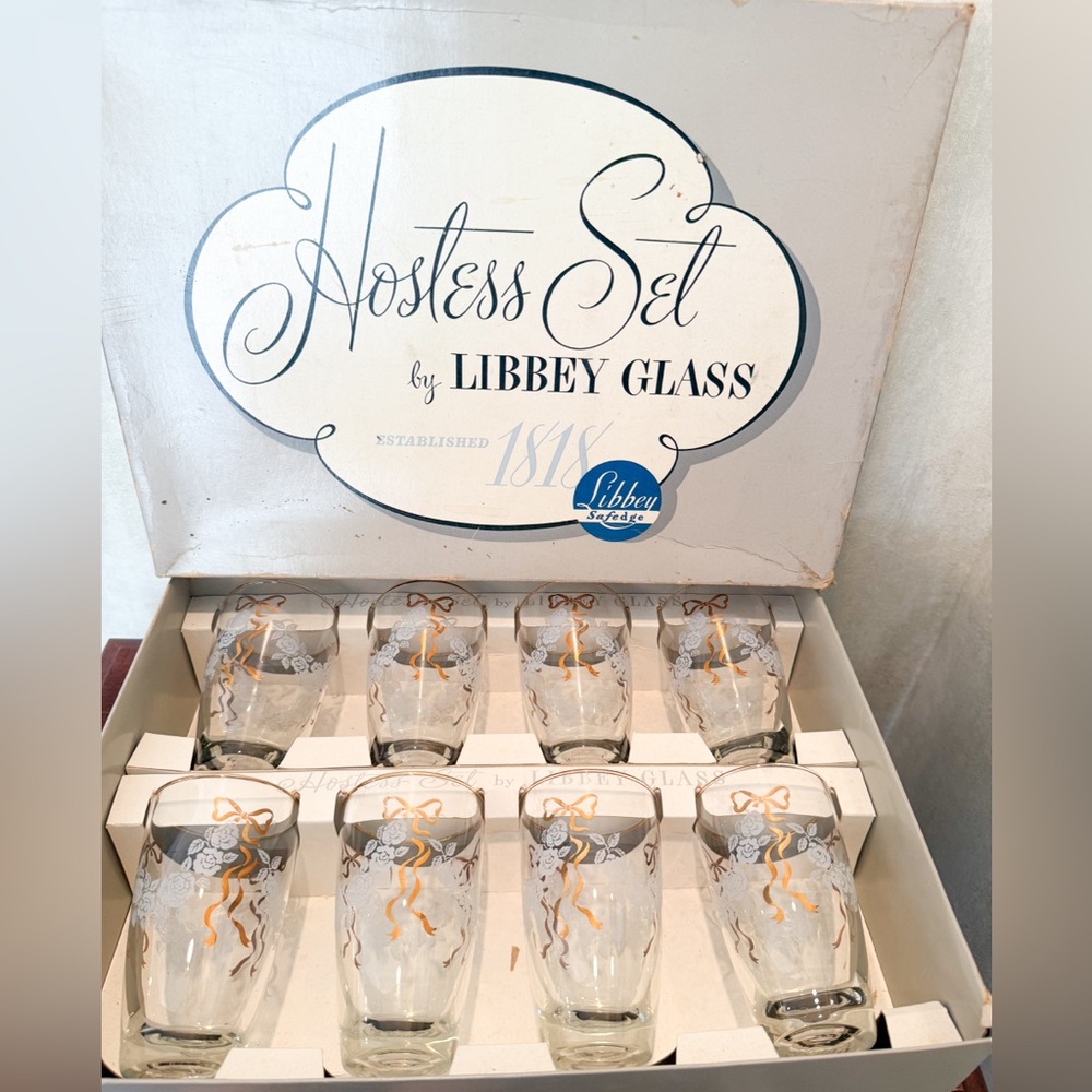 Vintage NEW OLD STOCK Libbey Hostess Set Classic Rose & Bows Ice Tea Glasses (8)